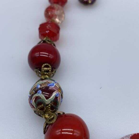 Vintage Venetian Red Glass Wedding Cake Graduated Bead Necklace Adjustable - Picture 7 of 15